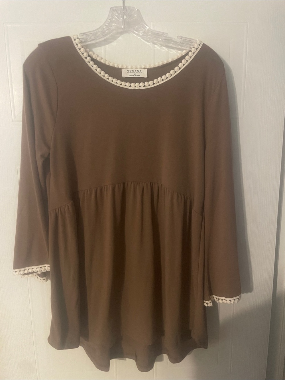 Zenana Outfitters Brown Tunic with Cream Crochet Trim
